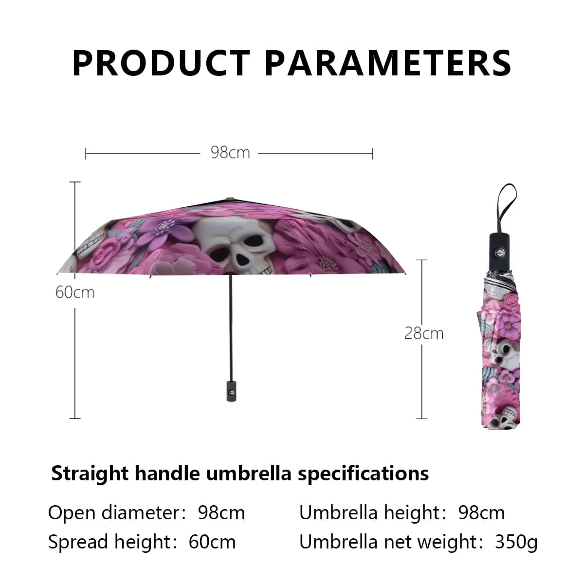 3D Pastel Skull With Pink Flowers Automatic Umbrella