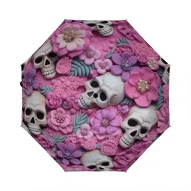 3D Pastel Skull With Pink Flowers Automatic Umbrella