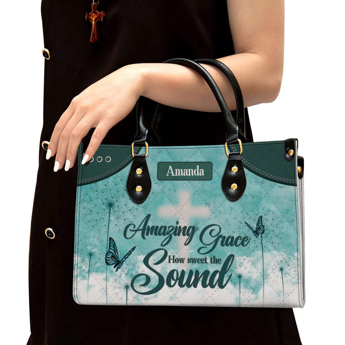 Amazing Grace Leather Bag - Custom Name Dandelion Leather Handbag - Christian Gifts For Women