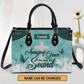 Amazing Grace Leather Bag - Custom Name Dandelion Leather Handbag - Christian Gifts For Women