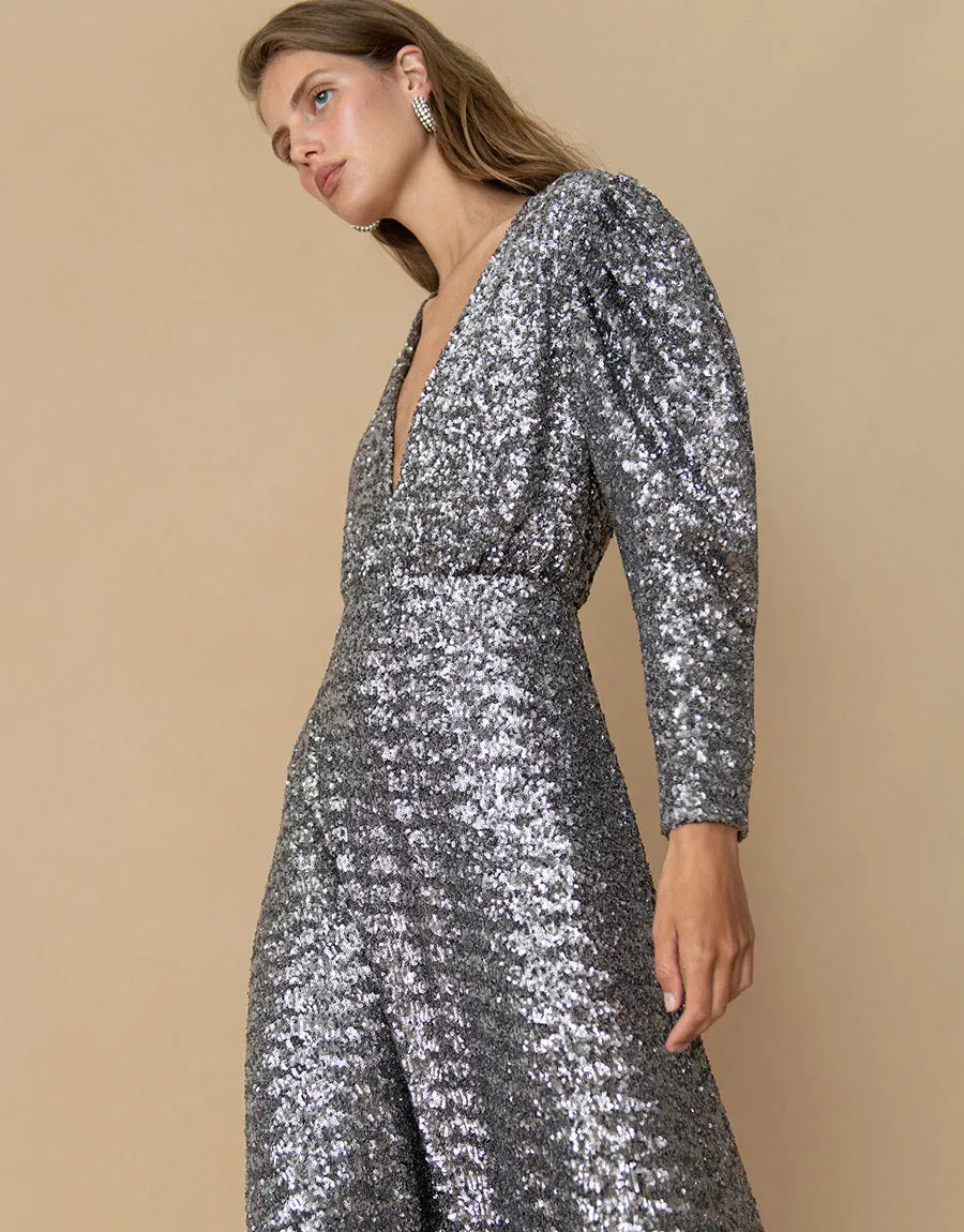 Bernadette Sequin Midi Dress - Pewter - SALE