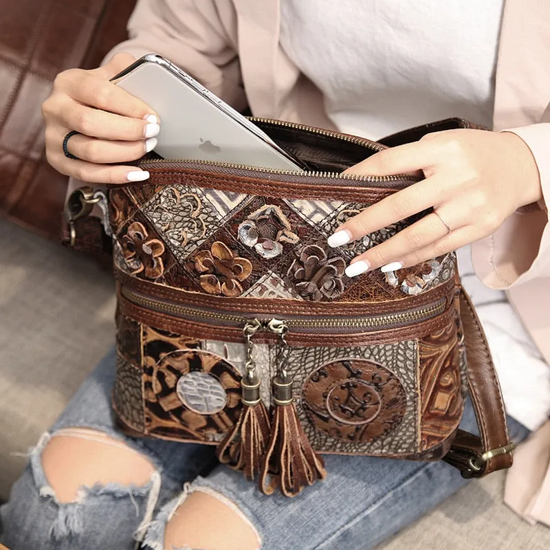 Genuine Leather Crossbody Bag Women Luxury Designer Handbag Ladies Vintage Tassel Simple Top-Handle Bags