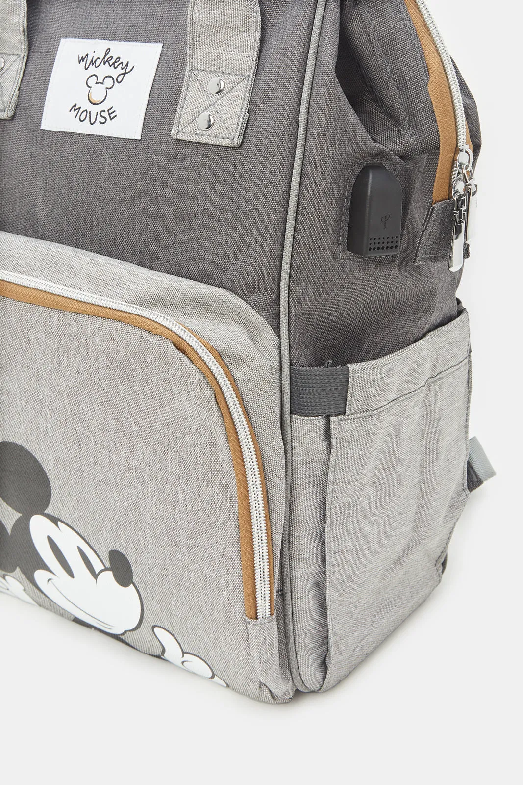 Grey Mickey Mouse Print Diaper Backpack