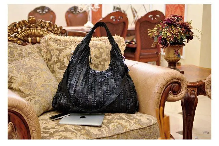 Large Hobo Black Bag Genuine leather sheep skin Shoulder tote