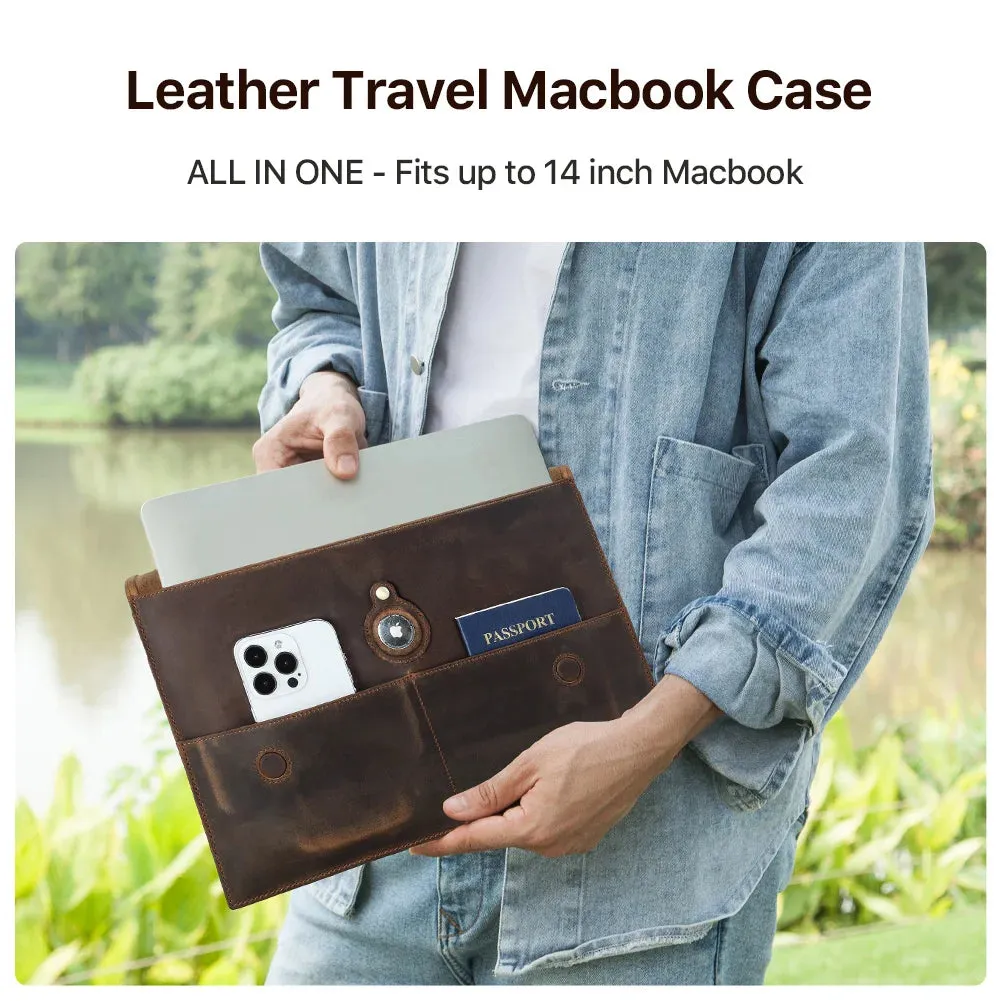 Leather Laptop Case For Macbook Pro Air 13 14 15 16 M3 M2 M1 Protective Sleeve Bag With Airtag Case Handbag Men