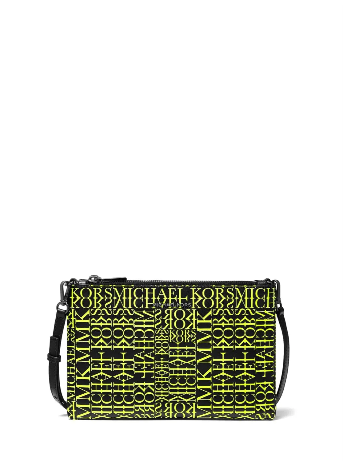 Michael Kors Women's Black & Neon Yellow Adele Newsprint Logo Leather Crossbody Bag