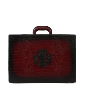 Multi-Functional Office Briefcase in Wine Croco Textured Leather with Embossed Lion