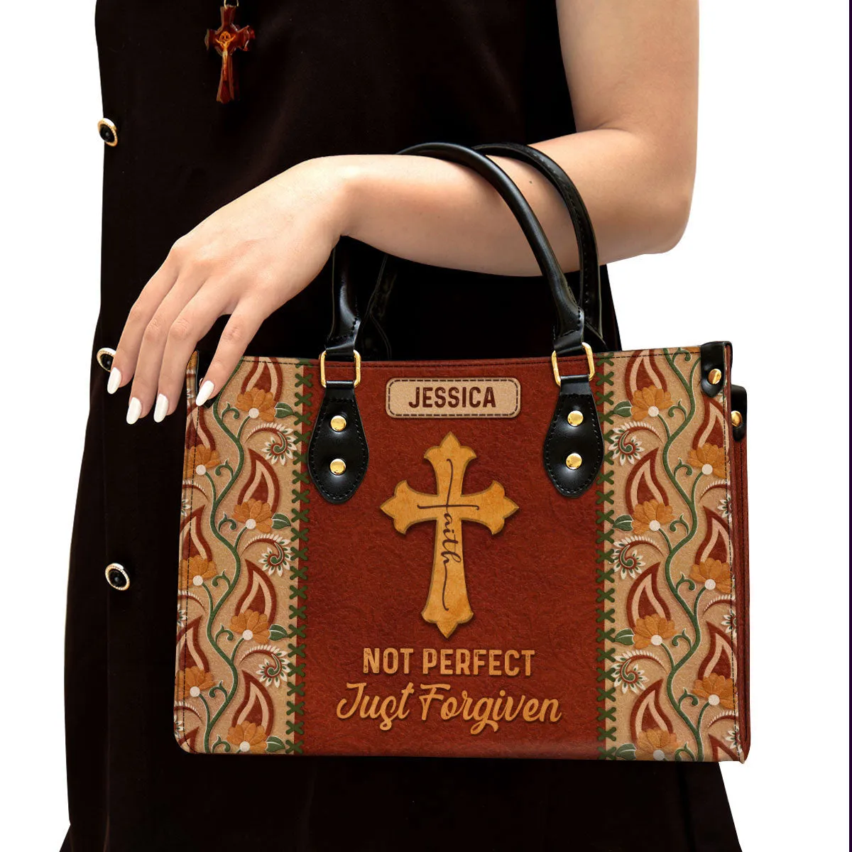 Not Perfect Just Forgiven Personalized Leather Handbag - Gifts For Religious Women