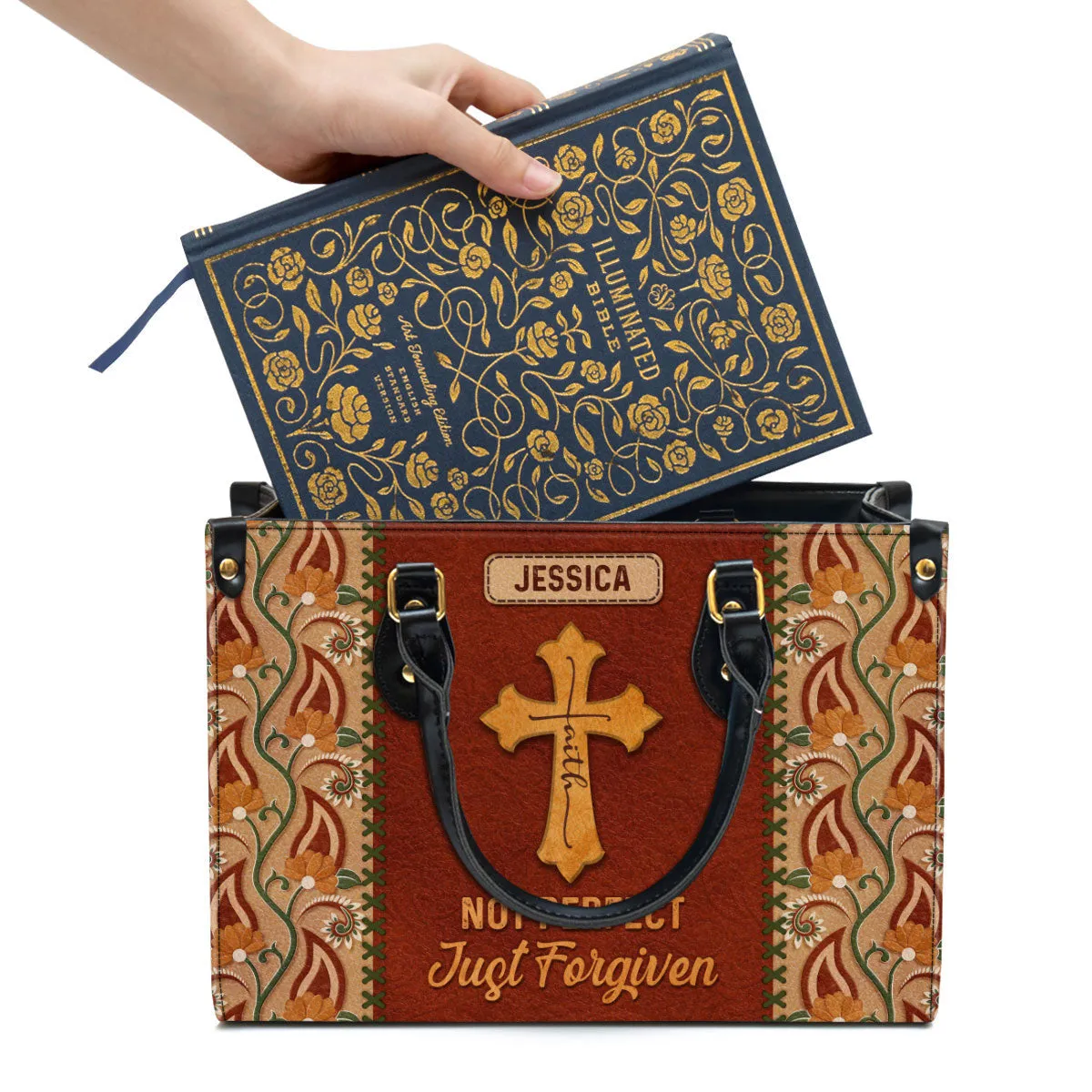 Not Perfect Just Forgiven Personalized Leather Handbag - Gifts For Religious Women