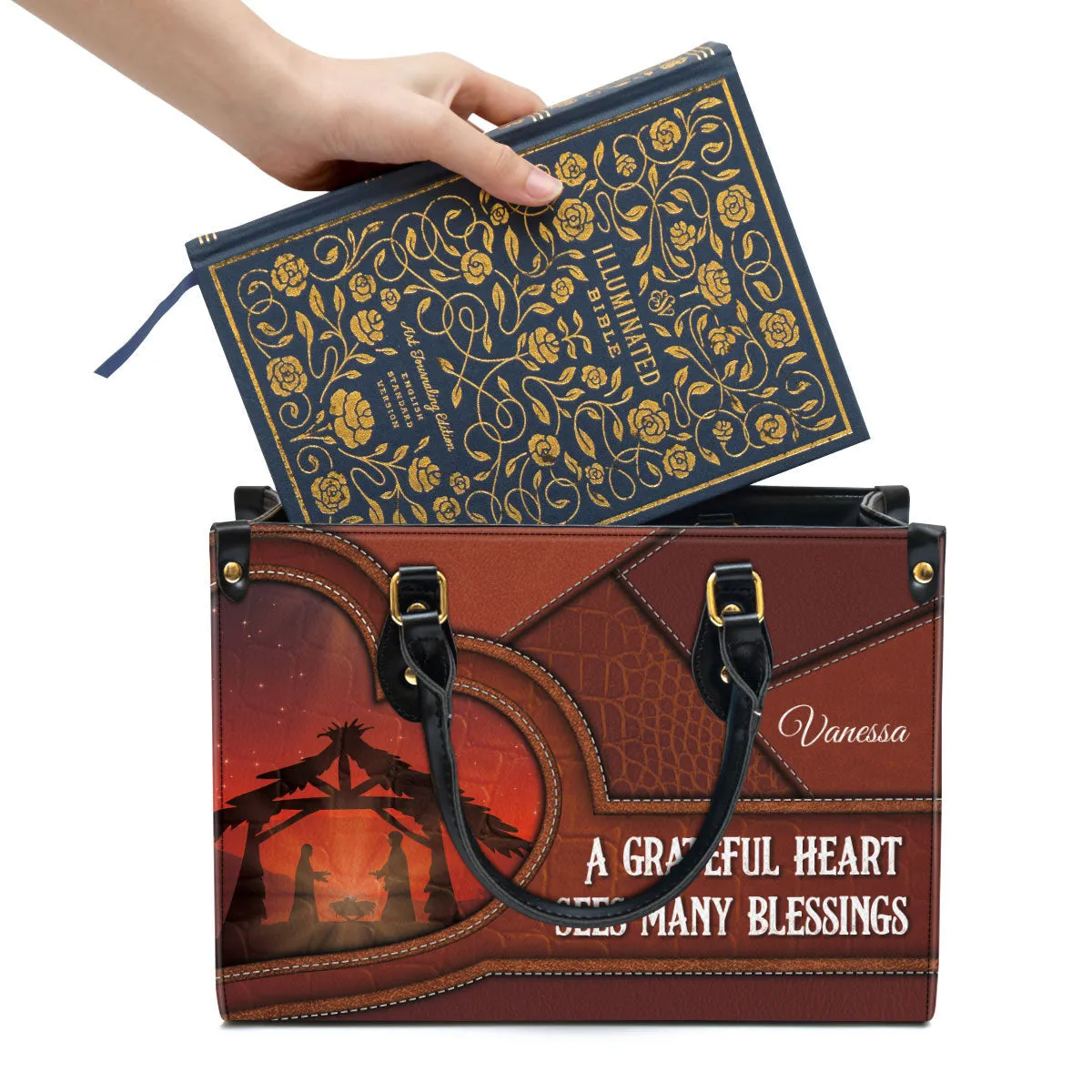 Personalized A Grateful Heart Sees Many Blessings Leather Bag - Christian Pu Leather Bags For Women