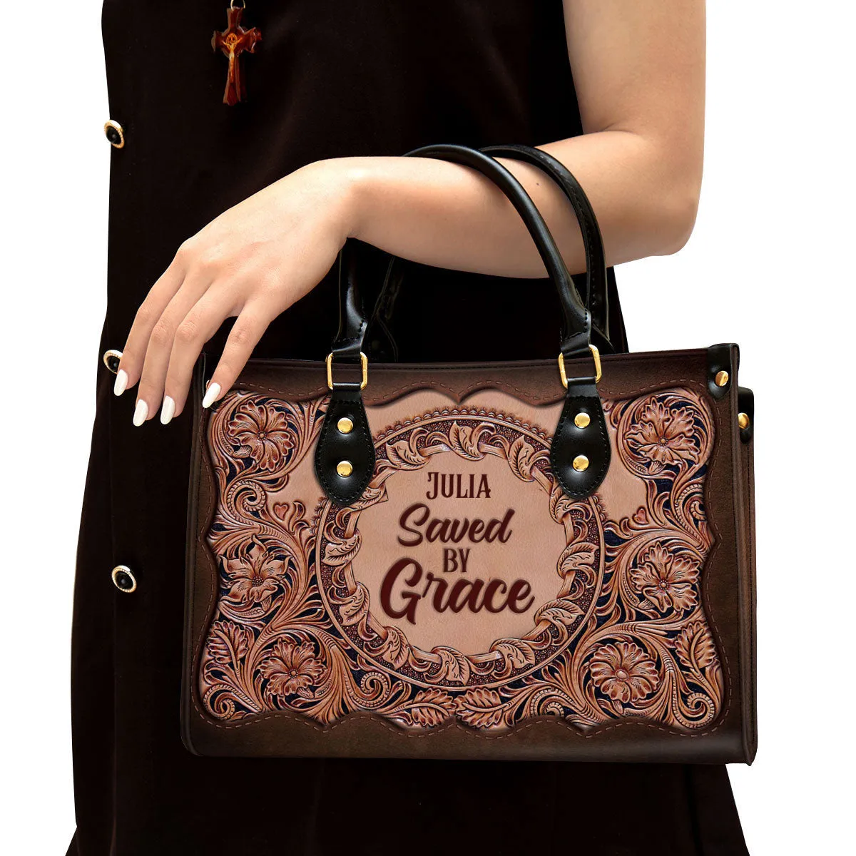 Personalized Leather Bag For Women - Saved By Grace Leather Bag Leather Bag - Christian Gifts for Women