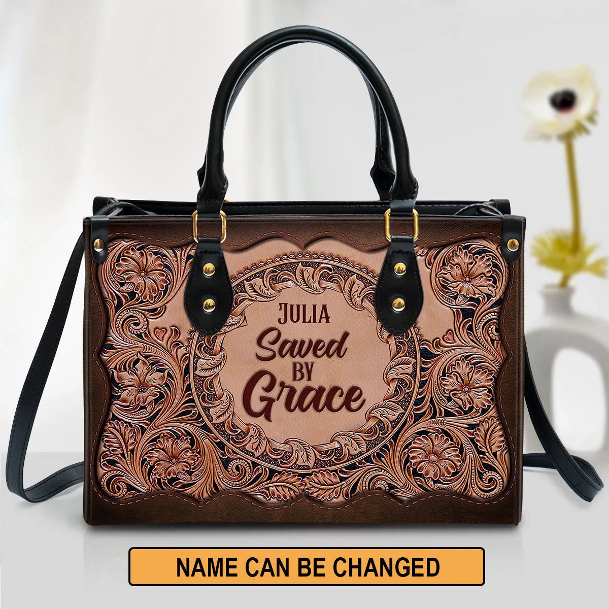 Personalized Leather Bag For Women - Saved By Grace Leather Bag Leather Bag - Christian Gifts for Women