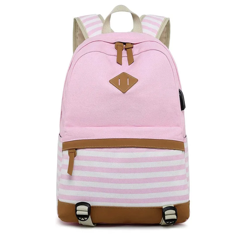 Pink stripes Backpack with Lunch Bag & Stationery Pouch