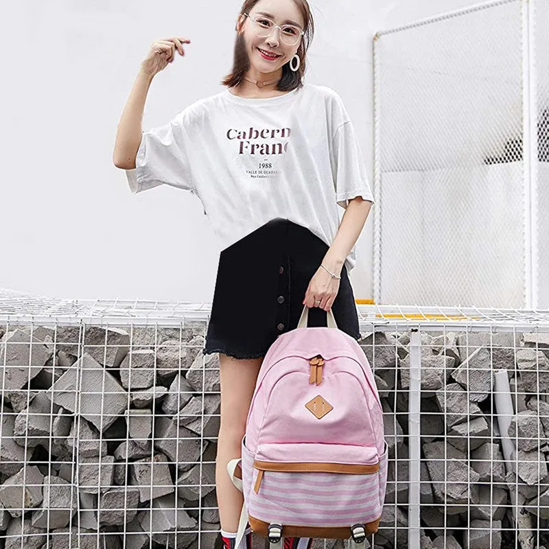 Pink stripes Backpack with Lunch Bag & Stationery Pouch