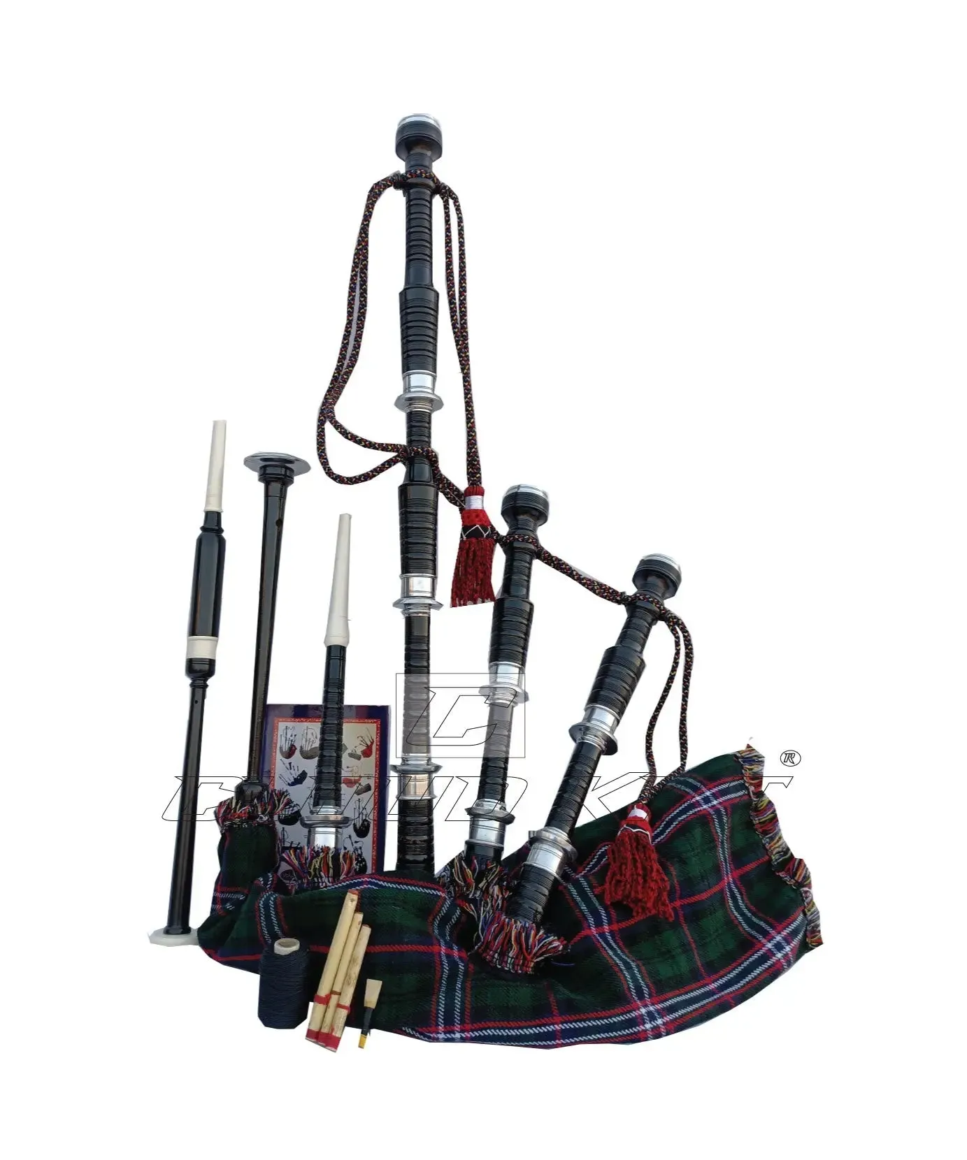 Scottish National Tartan Black With Silver Finish Bagpipe Set With Hard Case