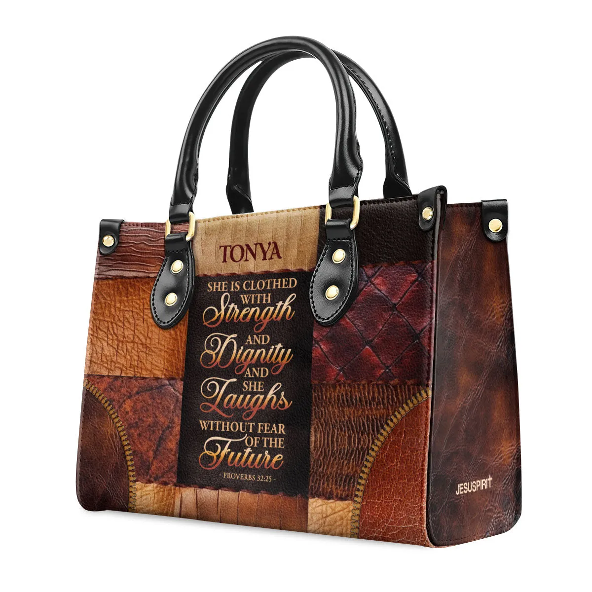 She Is Clothed With Strength And Dignity Custom Name Leather Handbags For Women