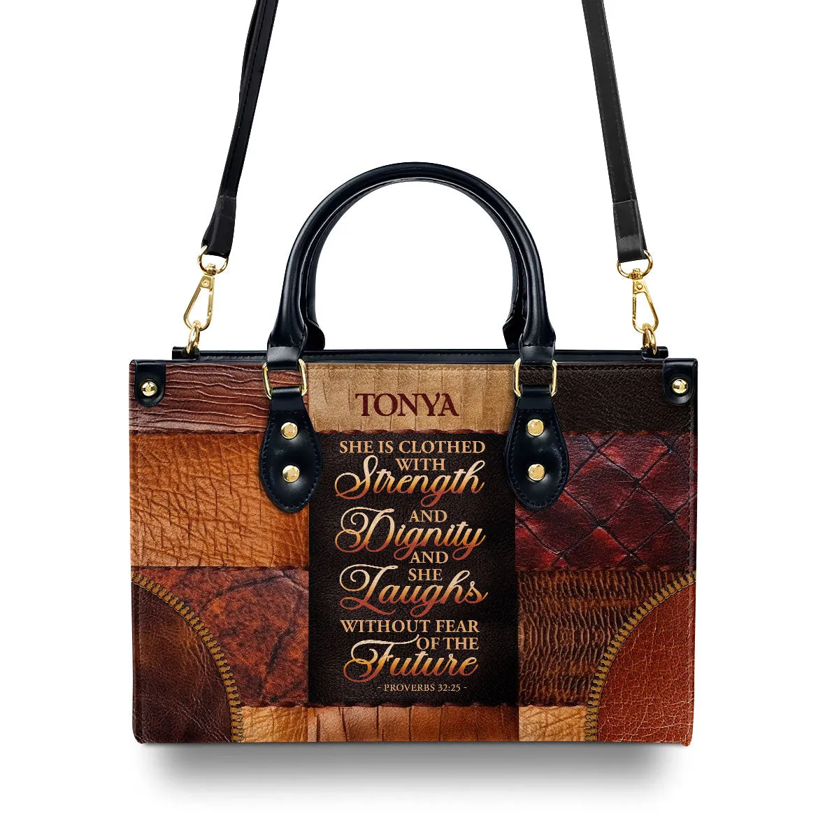 She Is Clothed With Strength And Dignity Custom Name Leather Handbags For Women