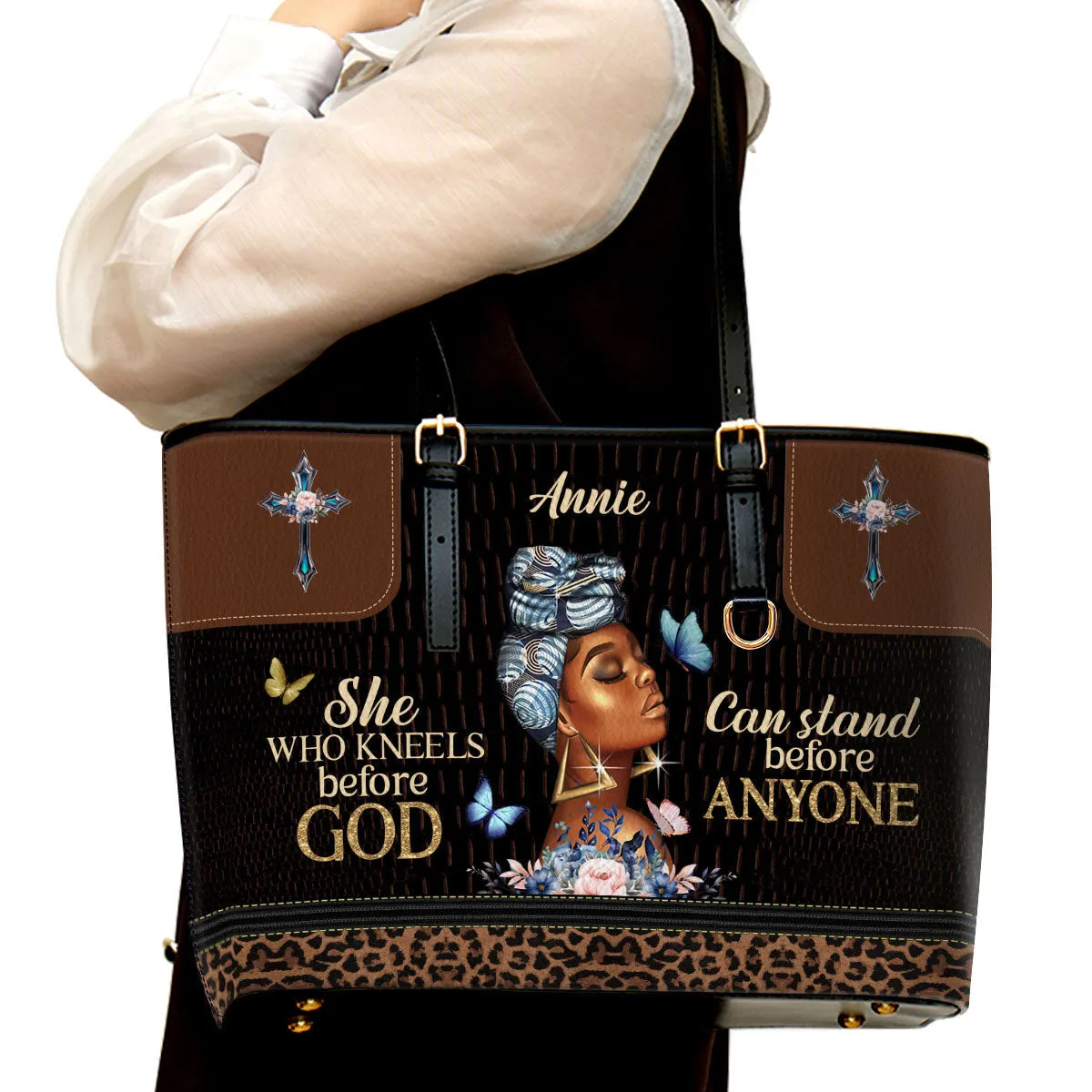 She Who Kneels Before God Can Stand Before Anyone Personalized Pu Leather Tote Bag For Women - Mom Gifts For Mothers Day