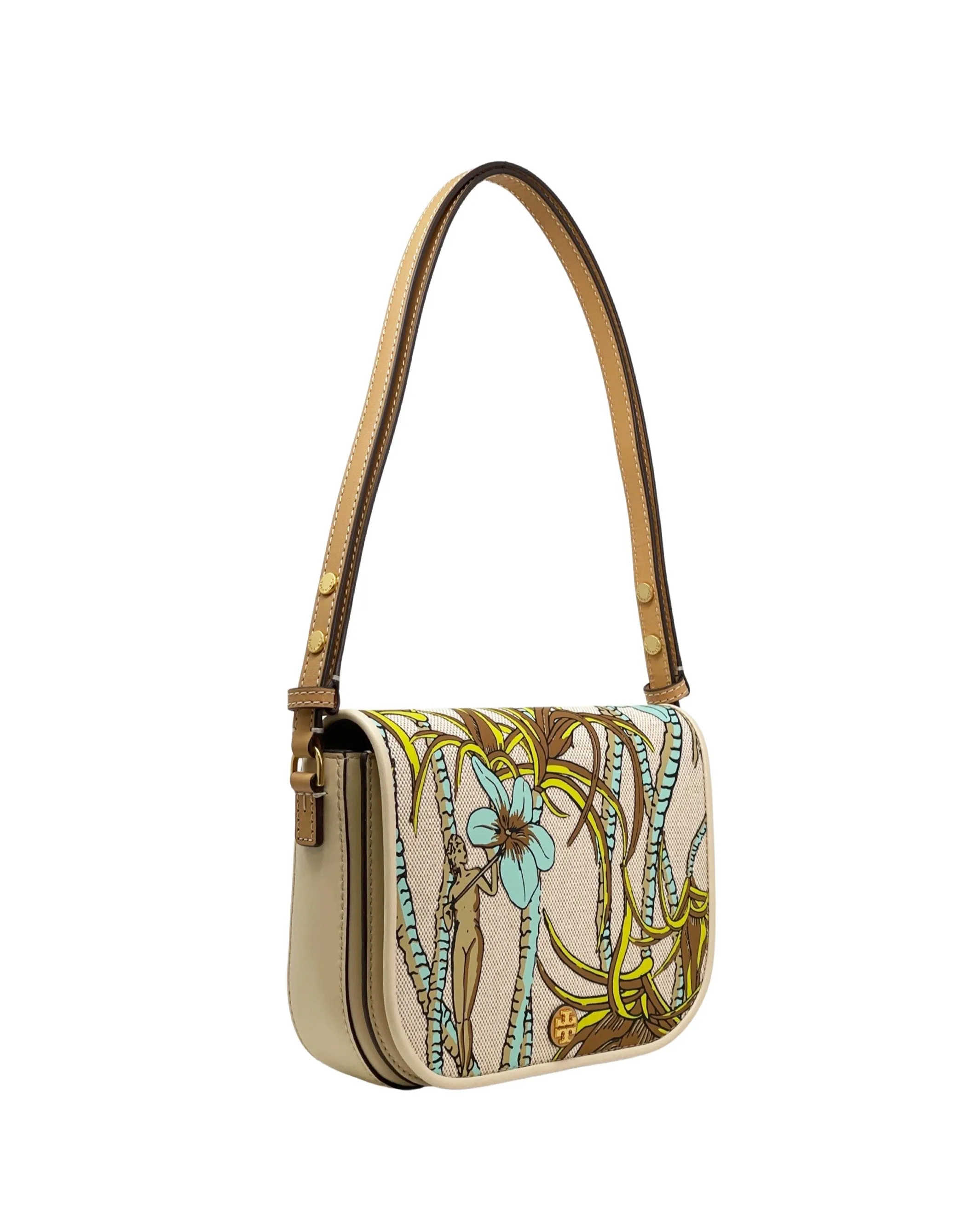 Tory Burch Cream Brown Climbing Palms Emerson Printed Canvas Crossbody