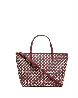 Tory Burch Crimson Red Geo Logo Allover Geo Logo Mini Zip Top Tote