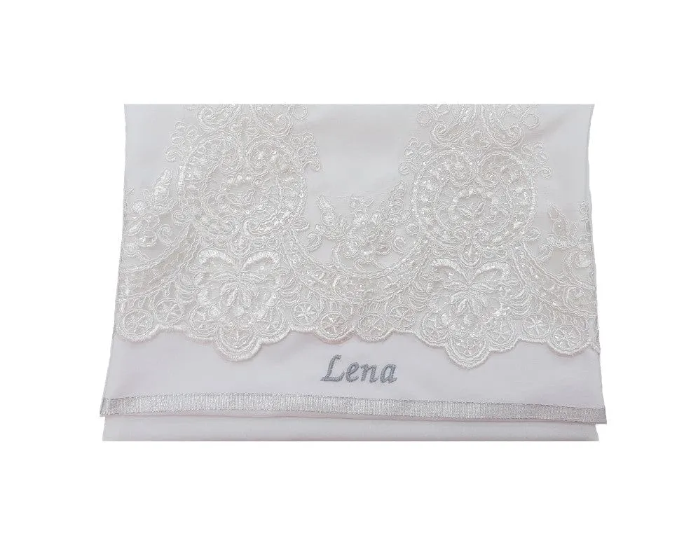 White Tallit with White Lace Decoration on Silk Tallit for Women, Feminine Tallit