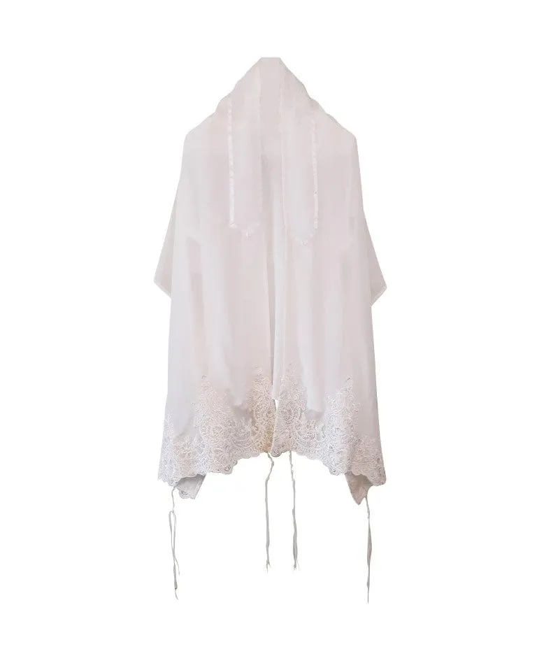 White Tallit with White Lace Decoration on Silk Tallit for Women, Feminine Tallit