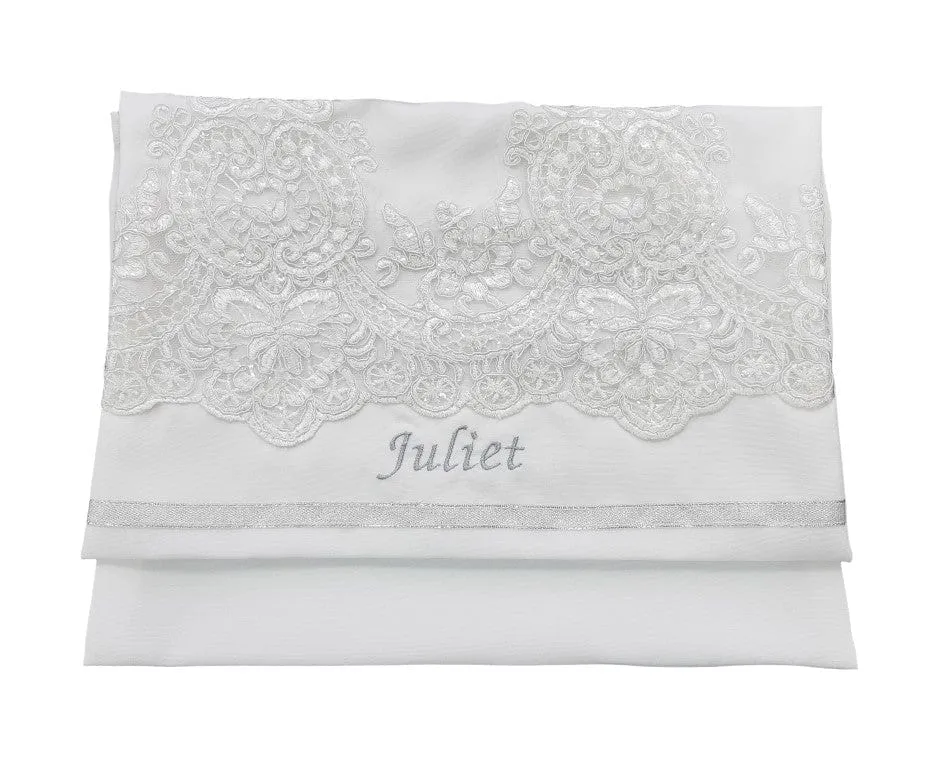 White Tallit with White Lace Decoration on Silk Tallit for Women, Feminine Tallit